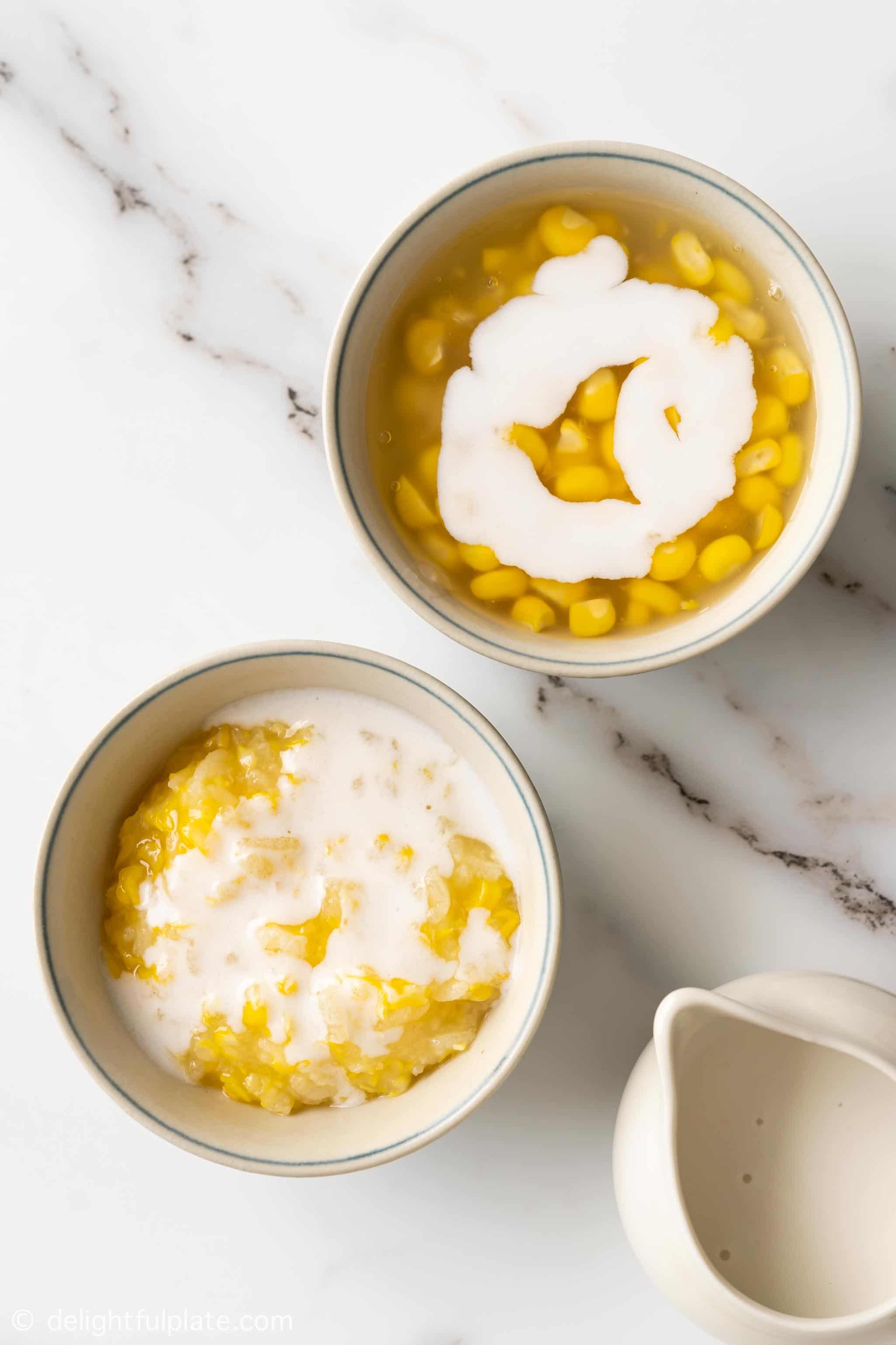 two bowls of Vietnamese sweet corn pudding, cooked in 2 different ways