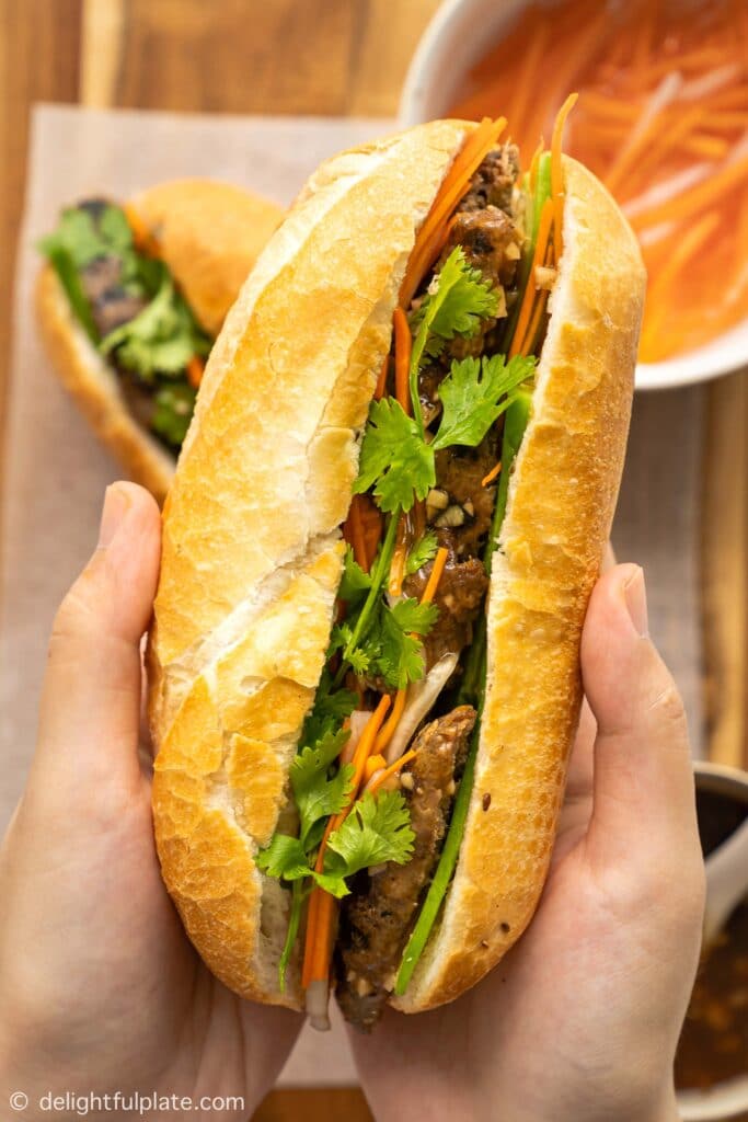 a loaf of Vietnamese grilled beef banh mi