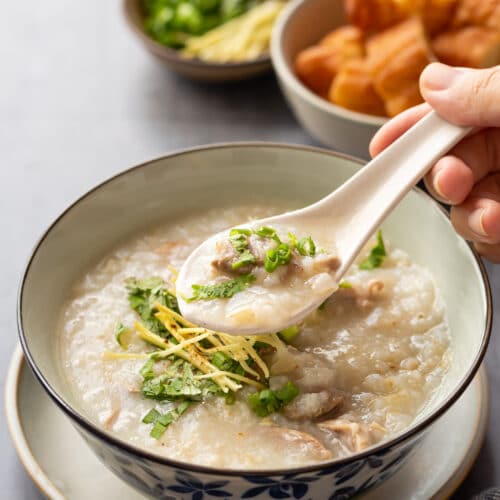 a bowl of Vietnamese duck congee (chao vit)