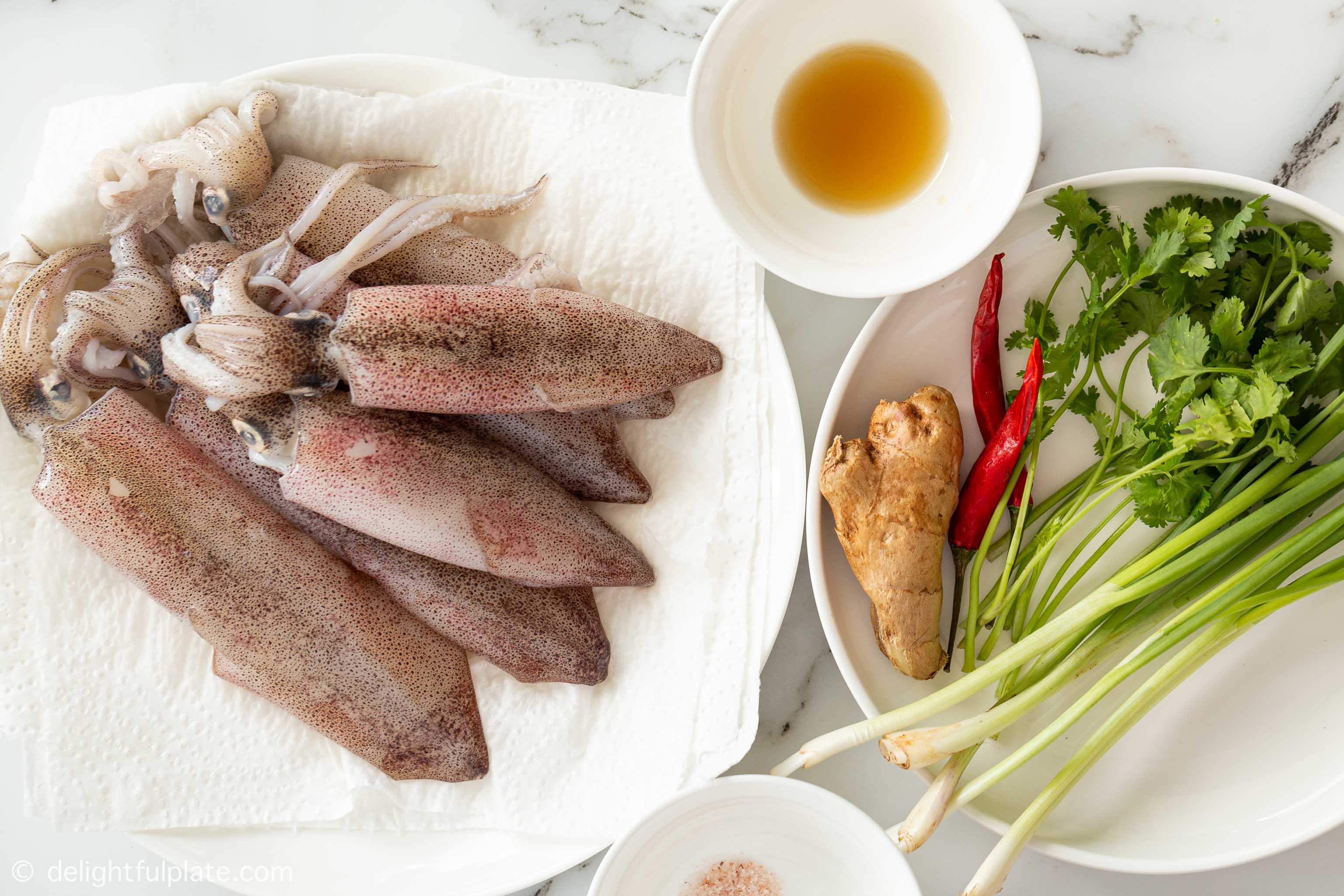 plates containing ingredients for this steamed fish recipe