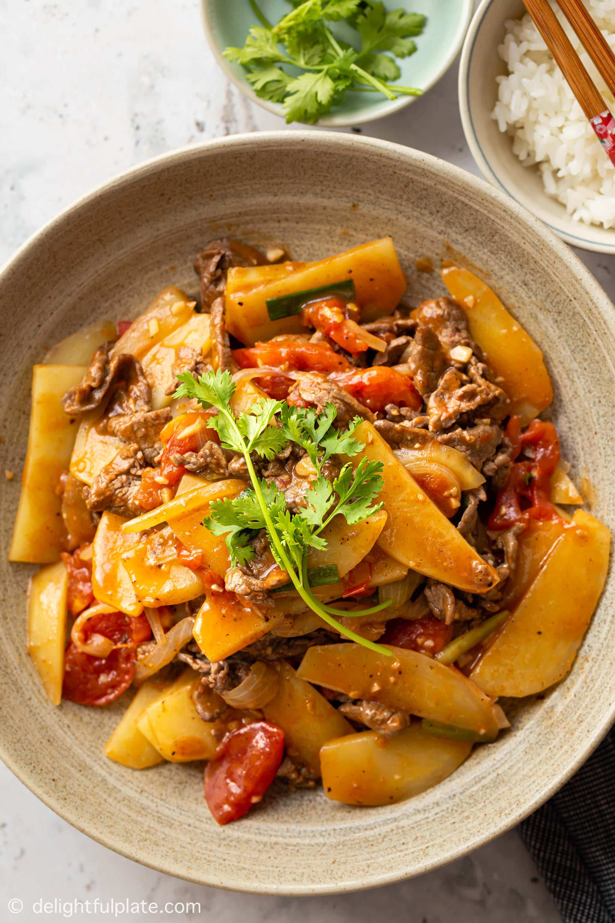 a plate of Vietnamese stir-fried beef with tomatoes.