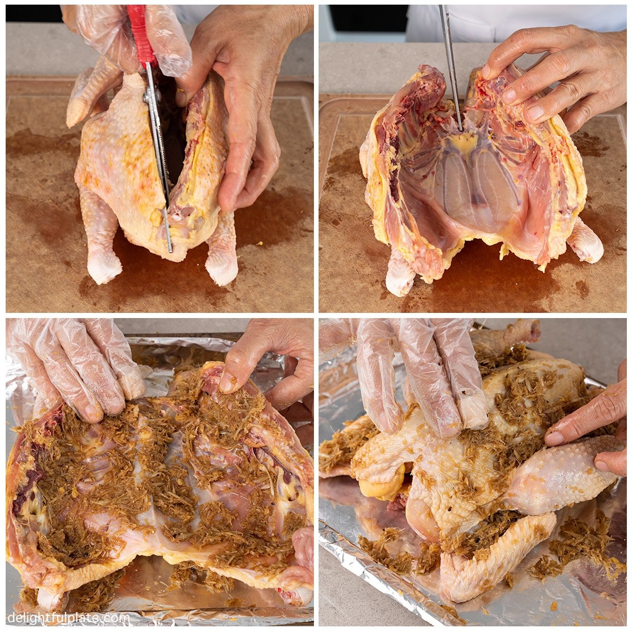 a collage of steps to butterfly and marinate the chicken
