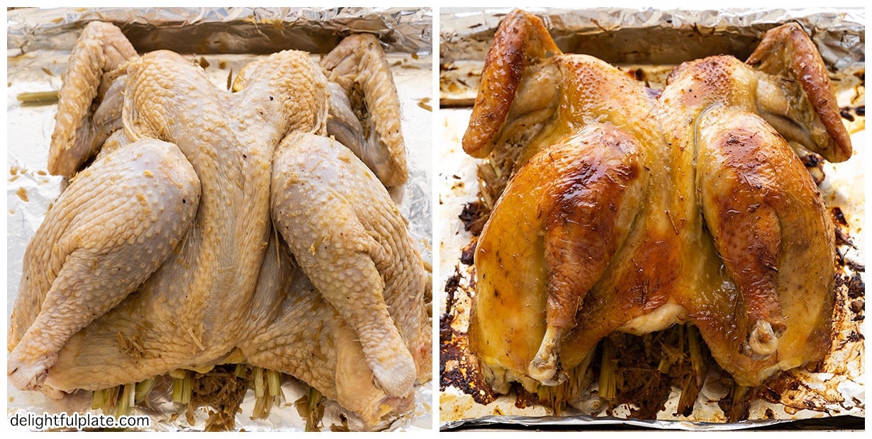 a collage lemongrass chicken before and after roasting