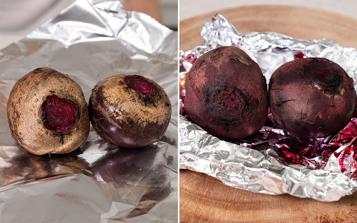 a collage of beetroots before and after roasting