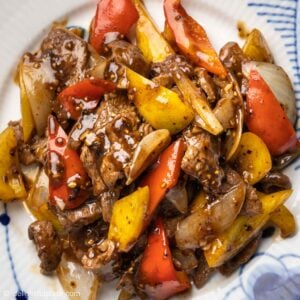 a plate of black pepper beef