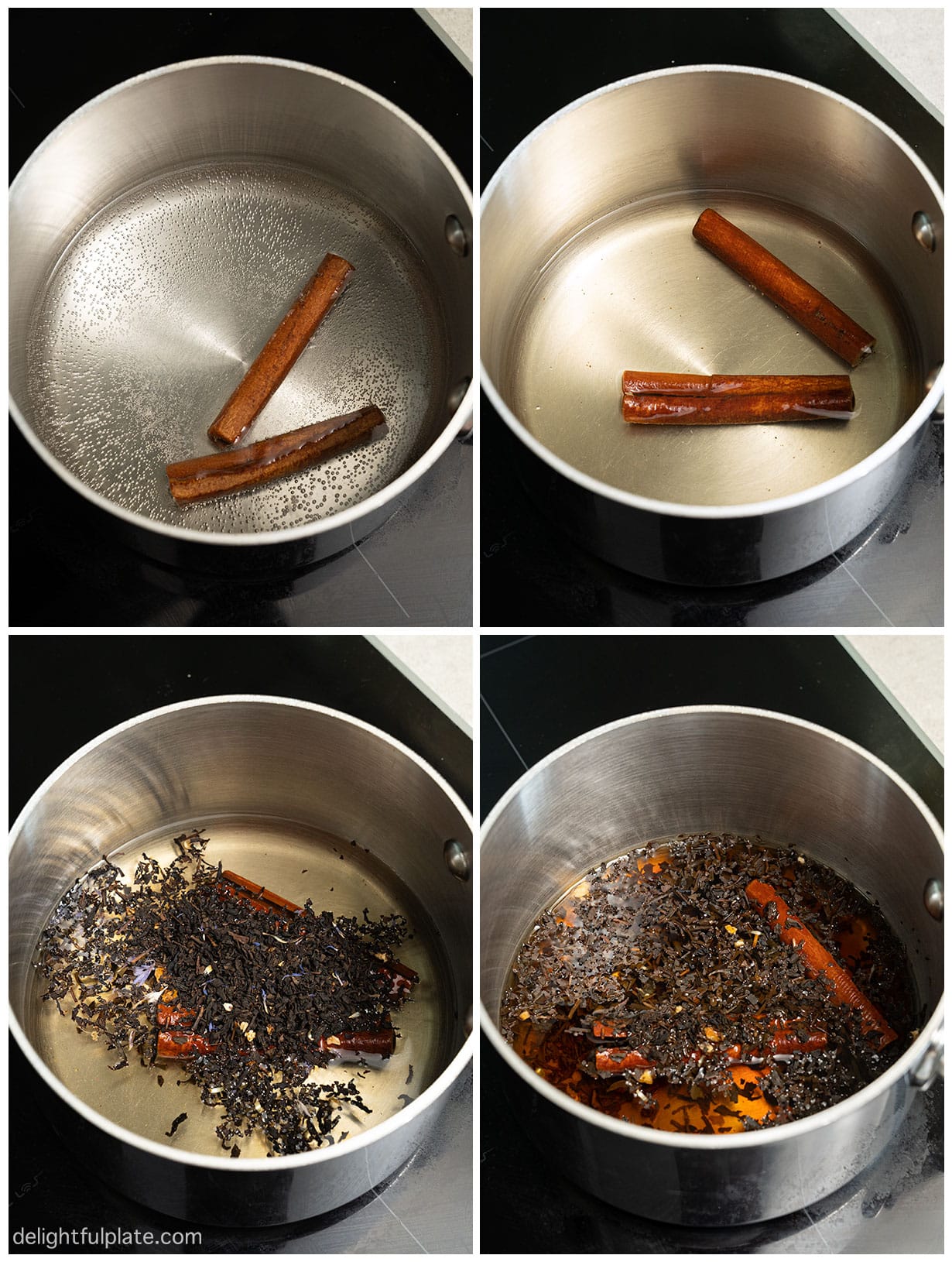 photos of steps to simmer cinnamon sticks and brew tea