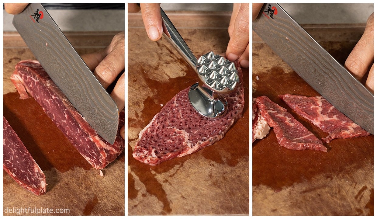 slicing the beef for the stir-fry