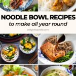 a collage of noodle bowl dishes