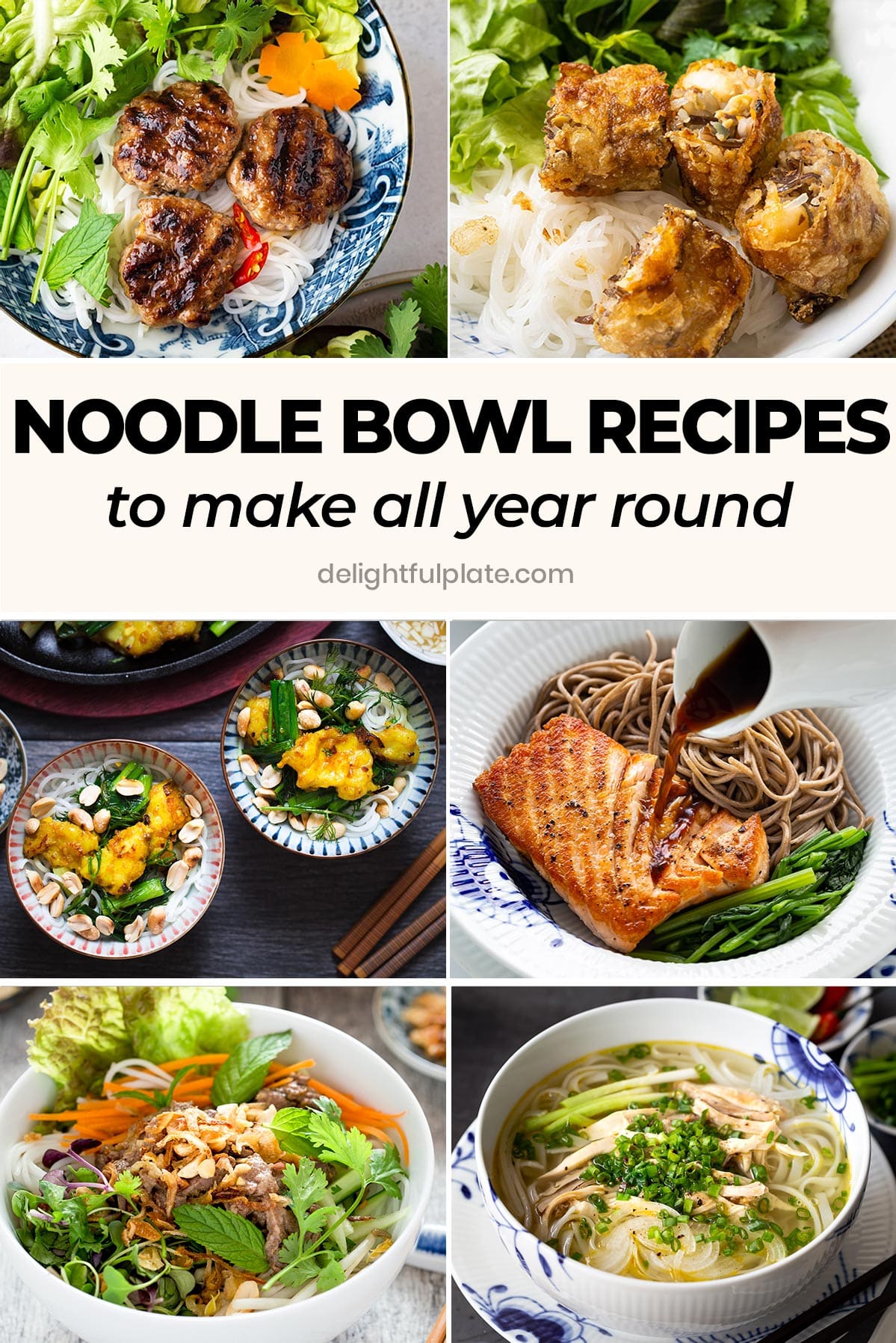 a collage of noodle bowl dishes