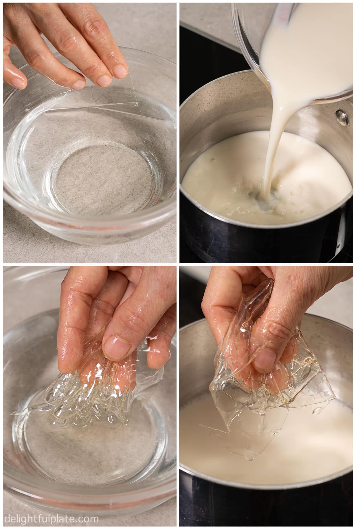 step by step collage of how to make tofu pudding with gelatin