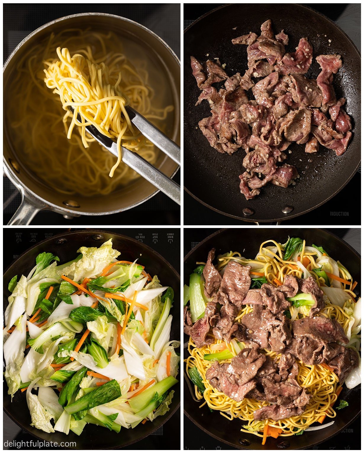 a collage of four main steps to cook beef noodle stir-fry