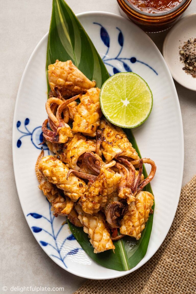 a plate of Vietnamese spicy grilled squid with sate sauce