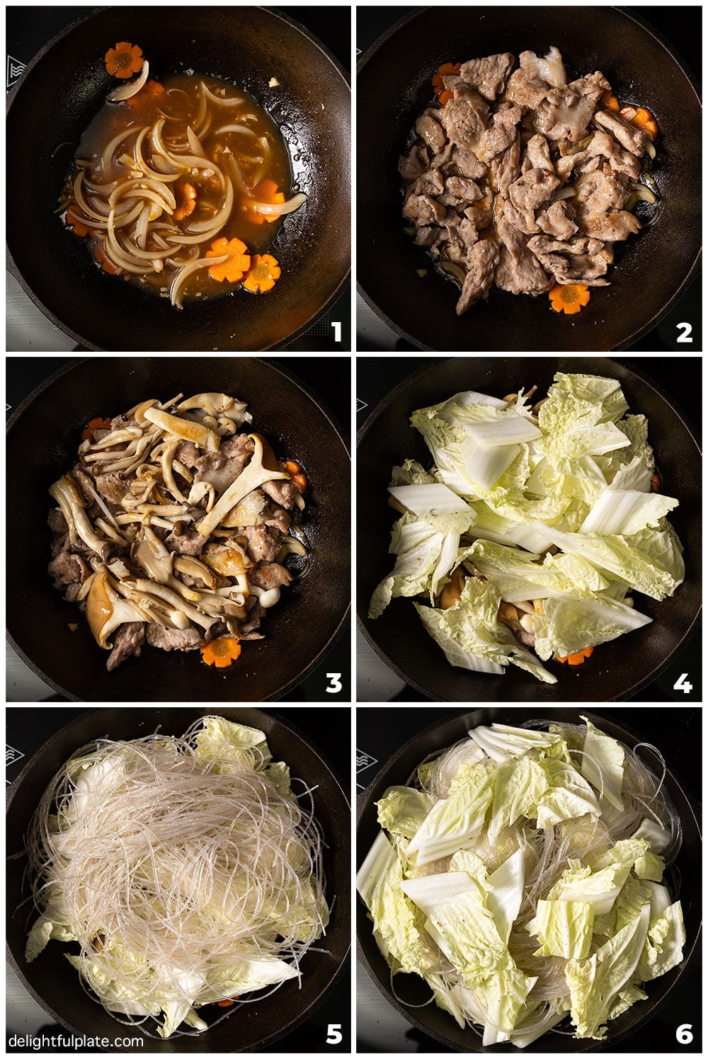collage of steps to braise glass noodles with pork and napa cabbage