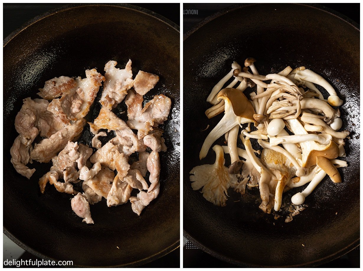 sear pork and mushrooms in a cast iron wok