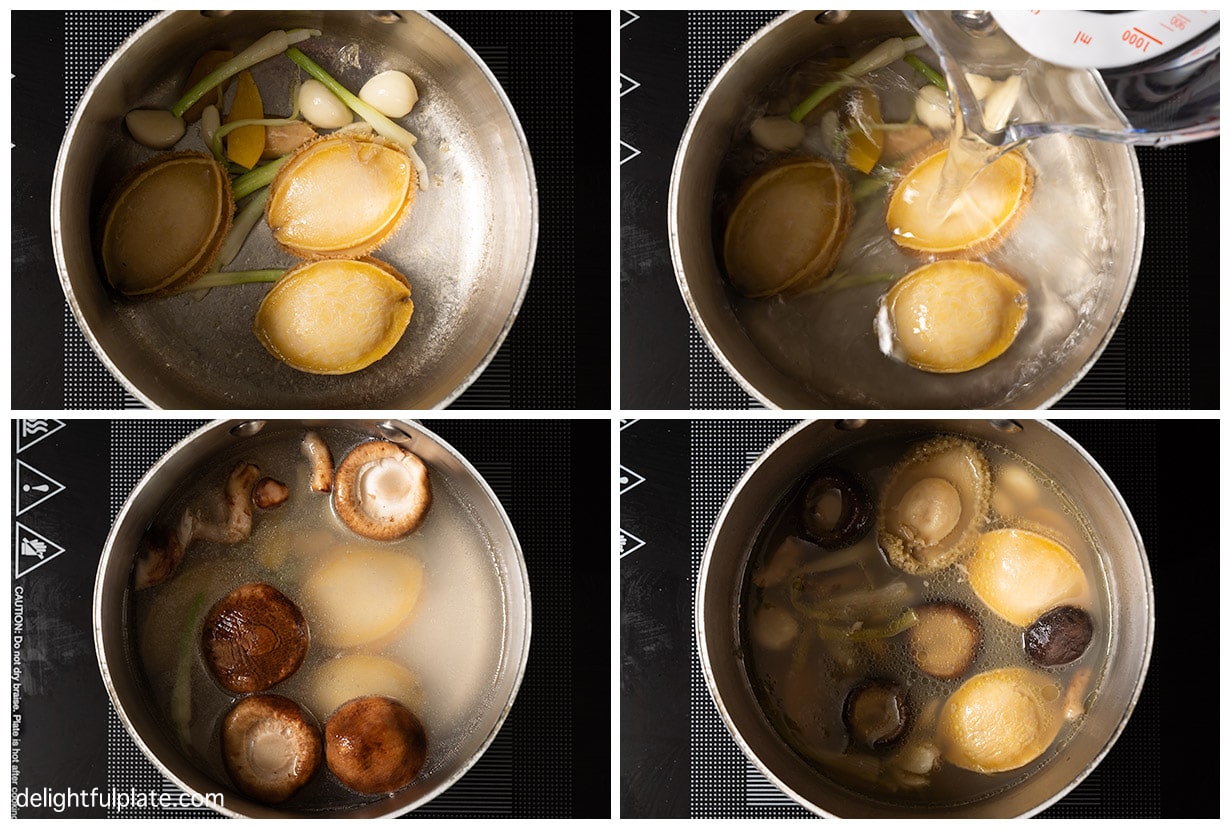 a collage of steps to braise abalones on the stovetop