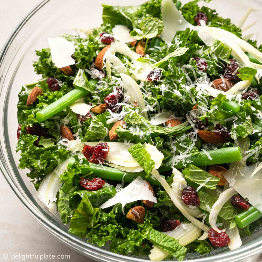 Kale and Green Bean Salad with Almond and Cranberry Delightful Plate