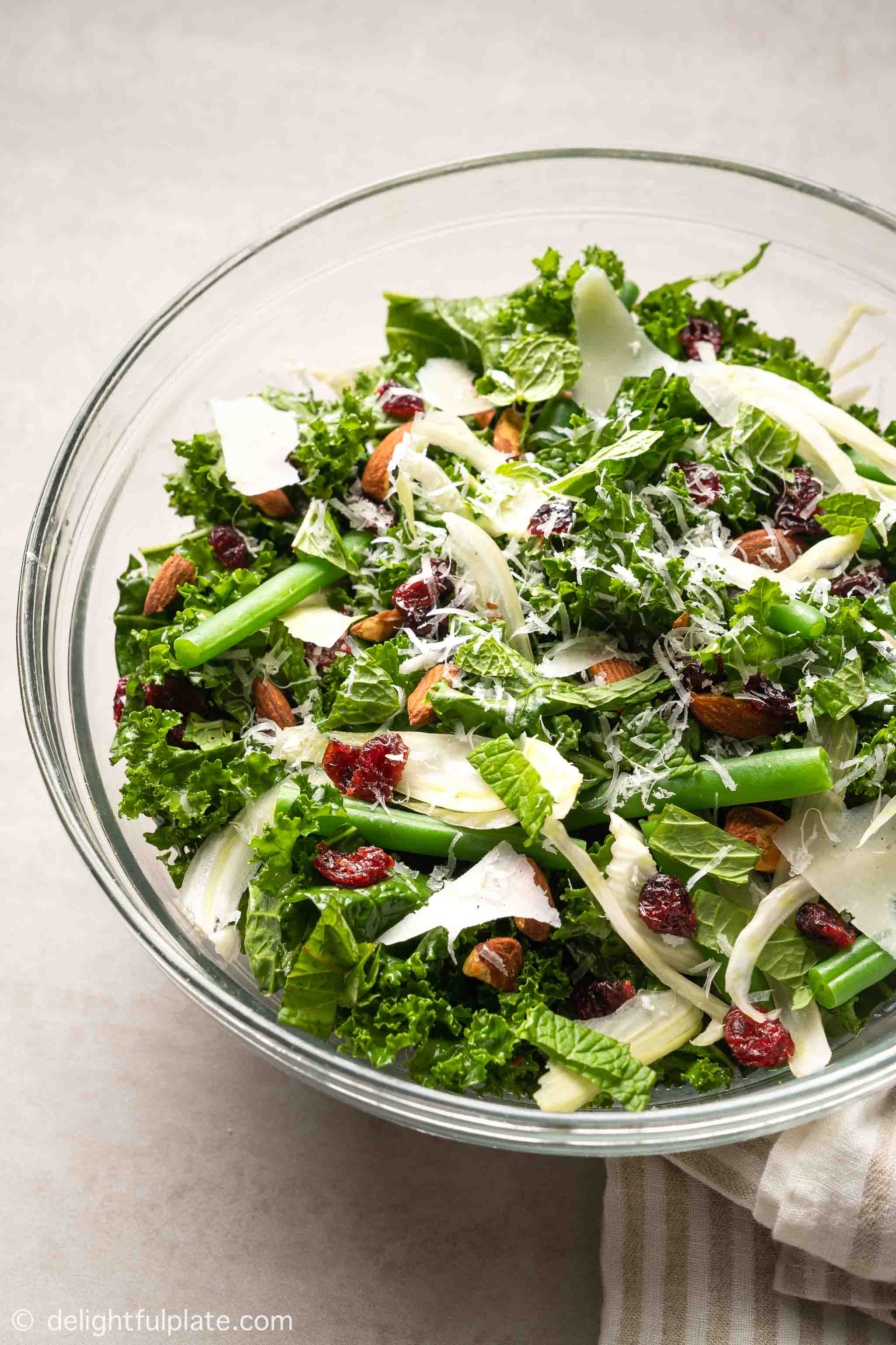 a bowl of kale salad with fennel, green bean, almond and cranberry