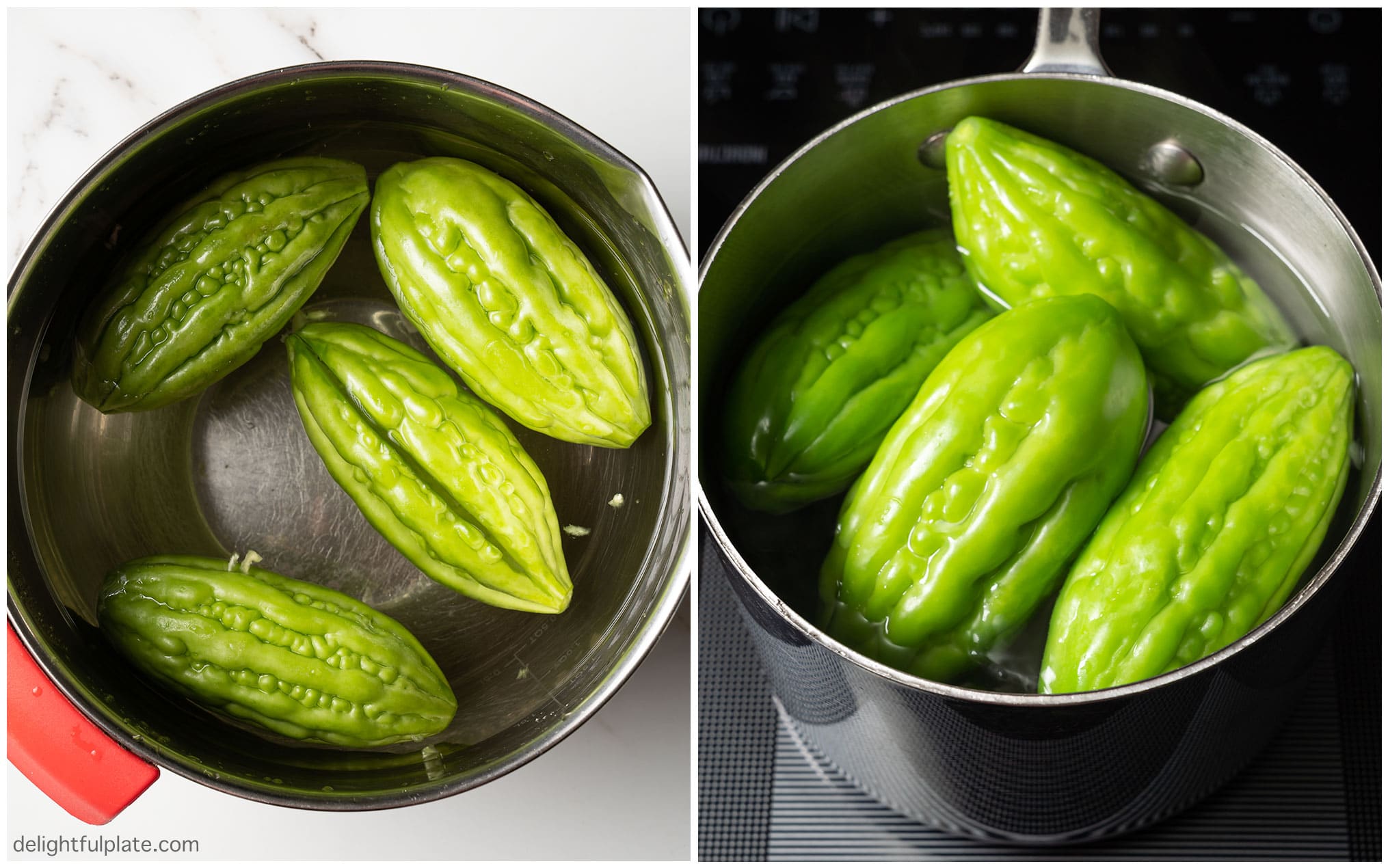 a collage of two ways to make the gourd less bitter: soaking in salted water and blanching