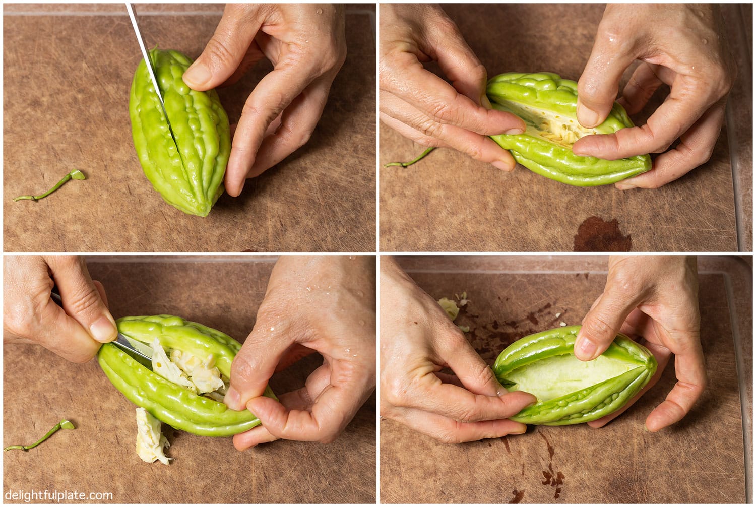 a collage of steps to prepare bitter melon