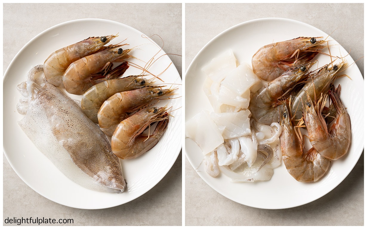 a plate containing shrimp and squid