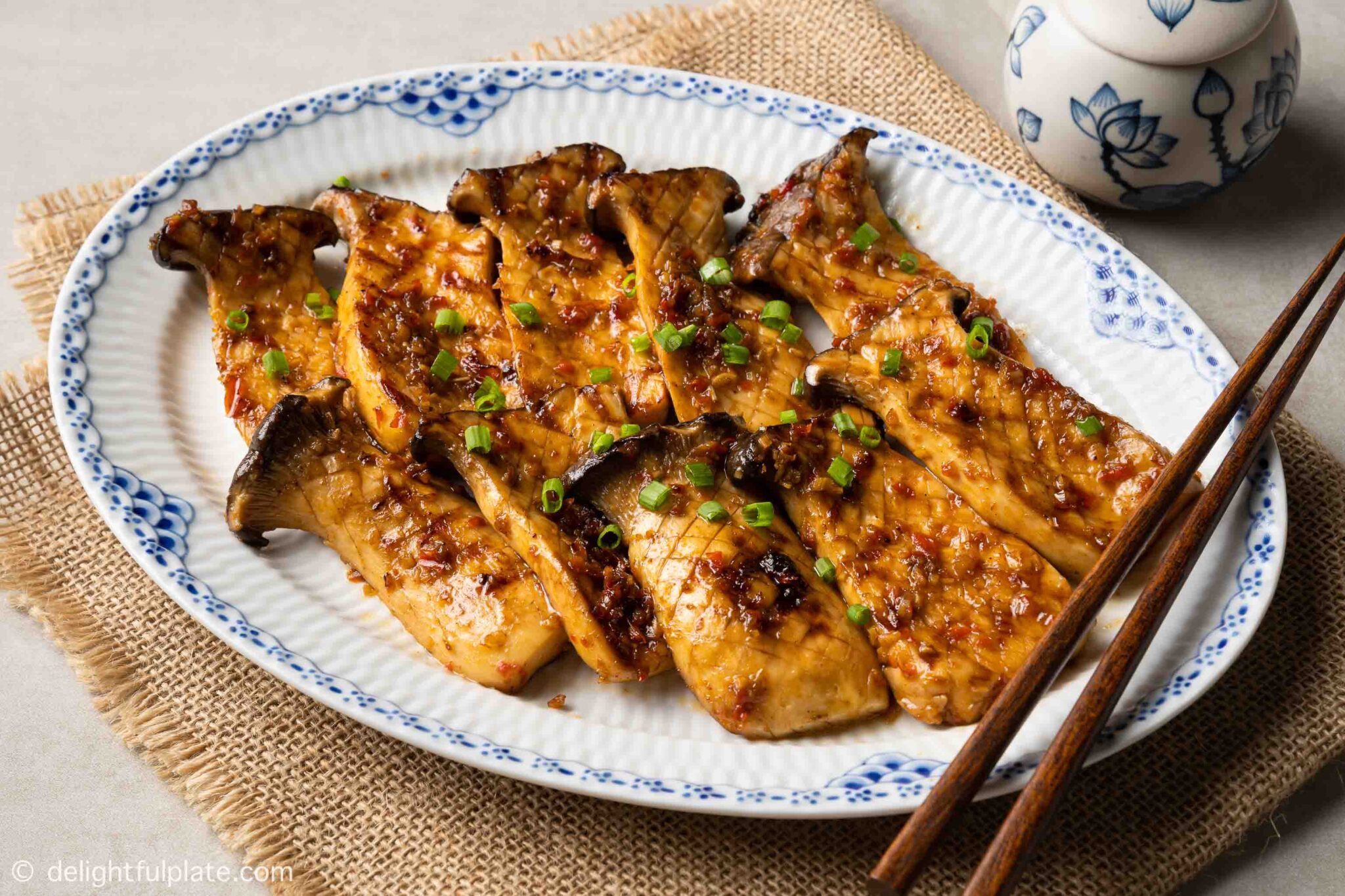 Grilled King Oyster Mushrooms with Sate Sauce Delightful Plate