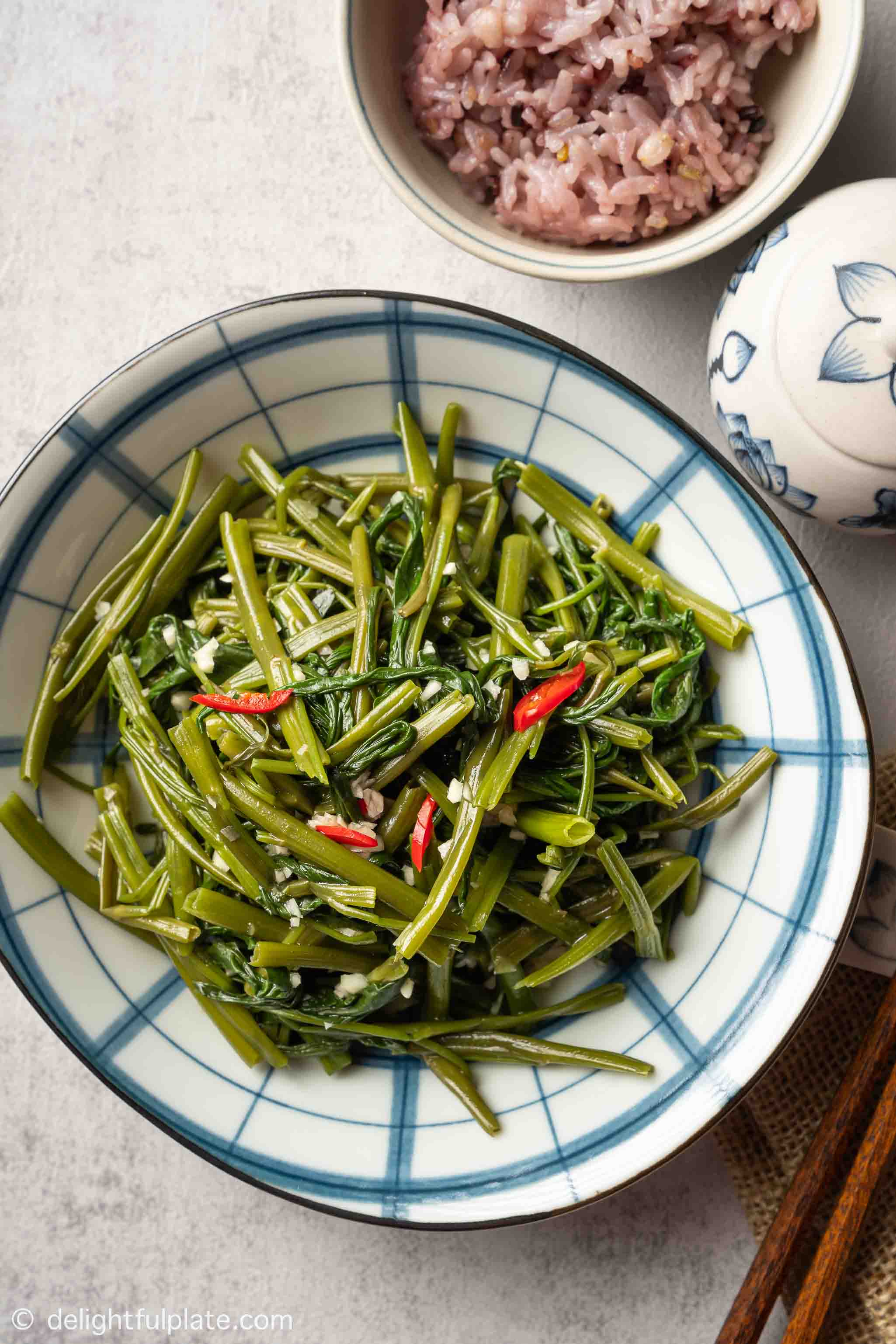 a plate of seasoned Ong Choy side dish