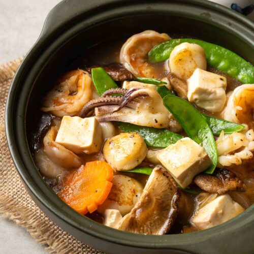 a pot of seafood and tofu casserole