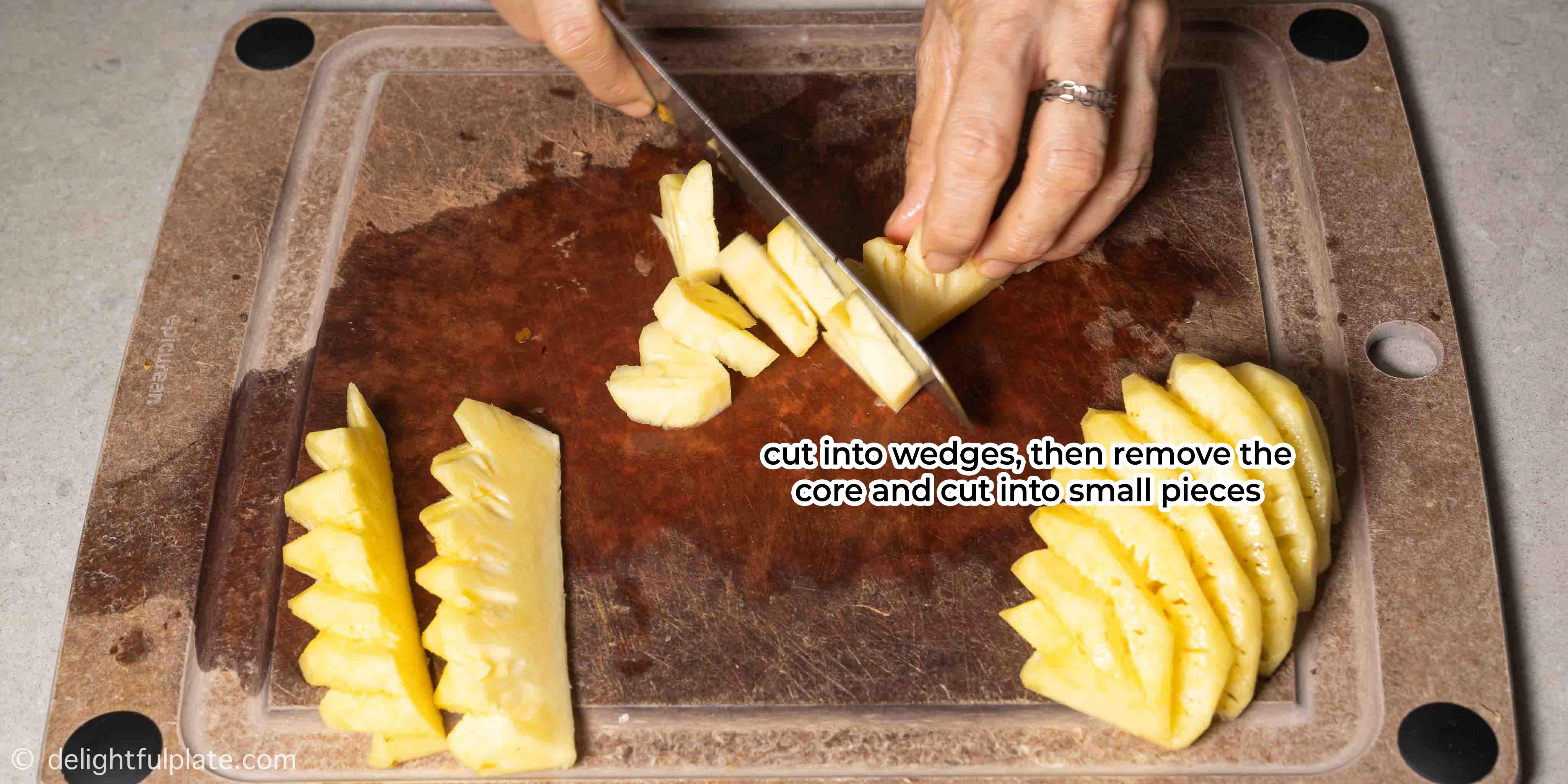 cut pineapple into bite-sized pieces