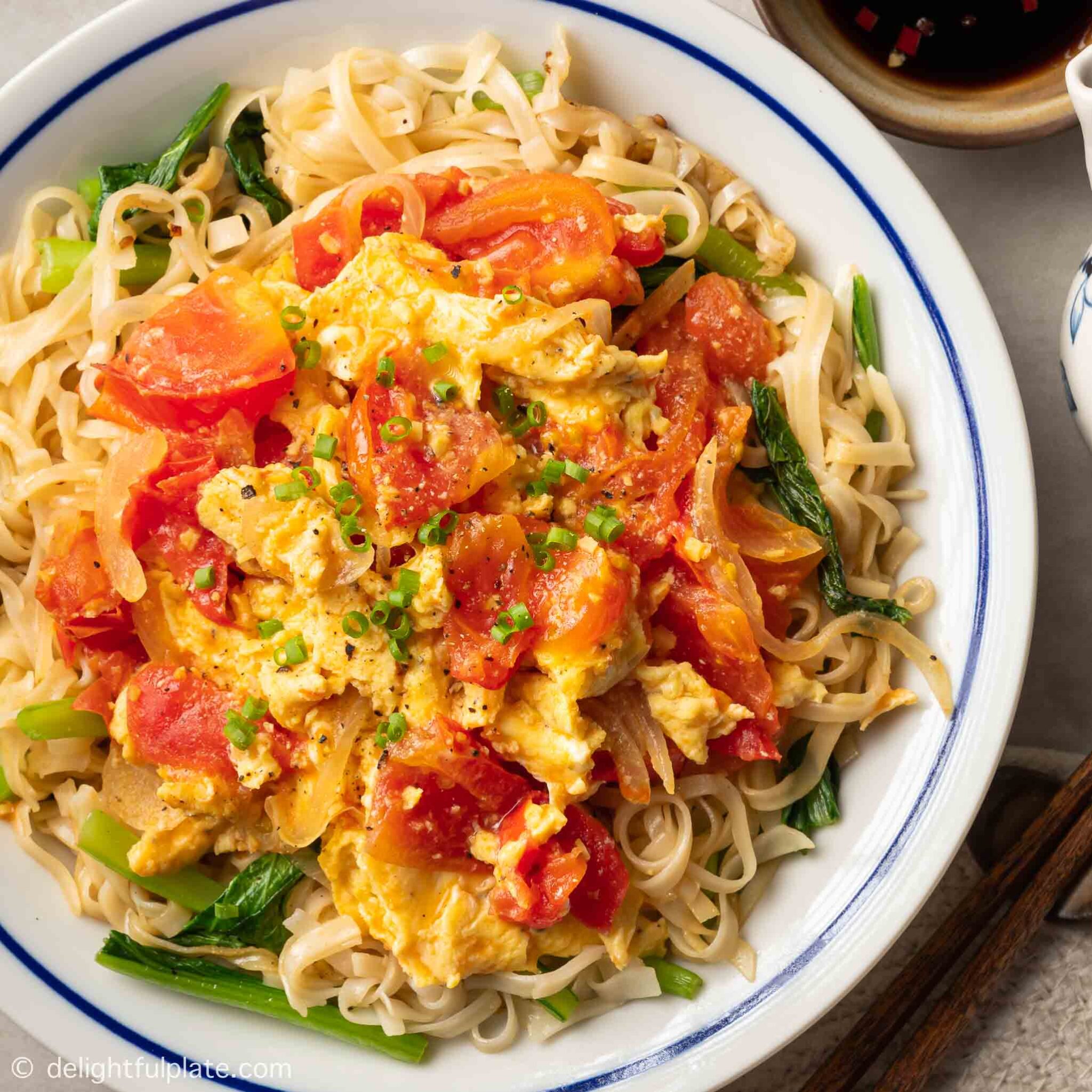 Scrambled Eggs with Tomatoes and Noodles Delightful Plate