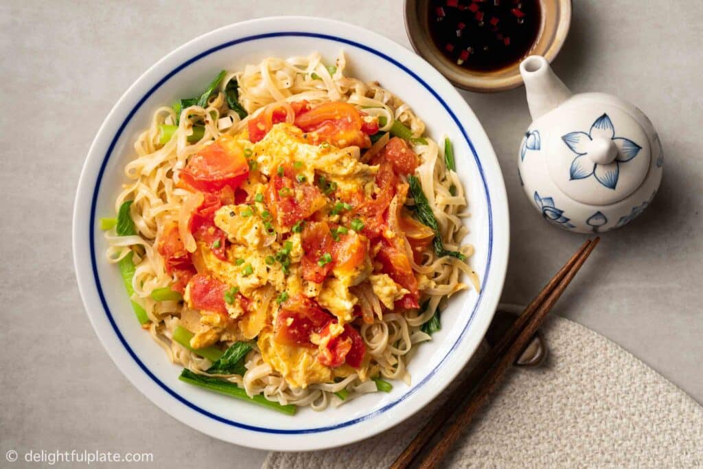 Scrambled Eggs with Tomatoes and Noodles Delightful Plate