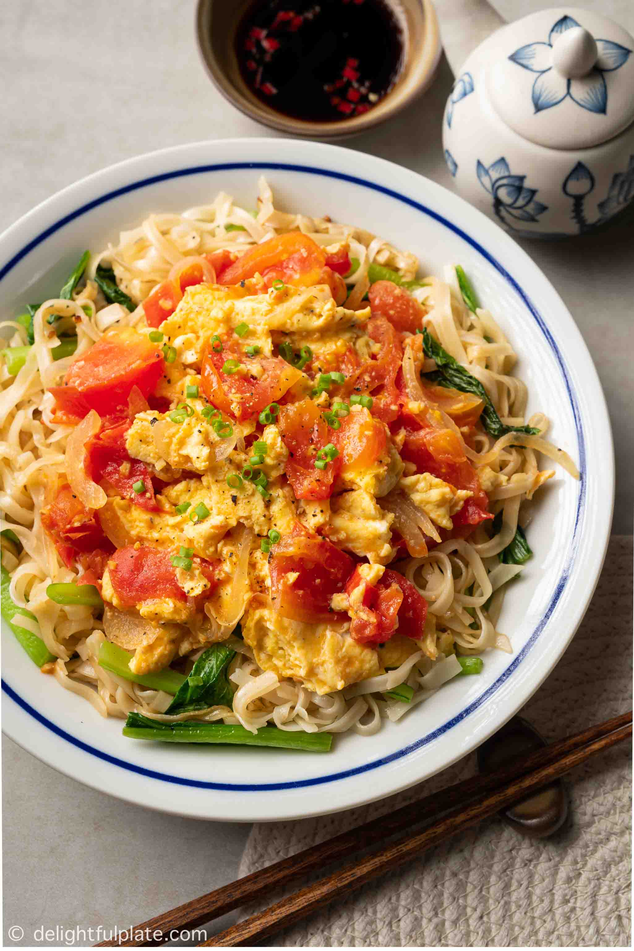 a plate of tomato and egg stir-fry with noodles