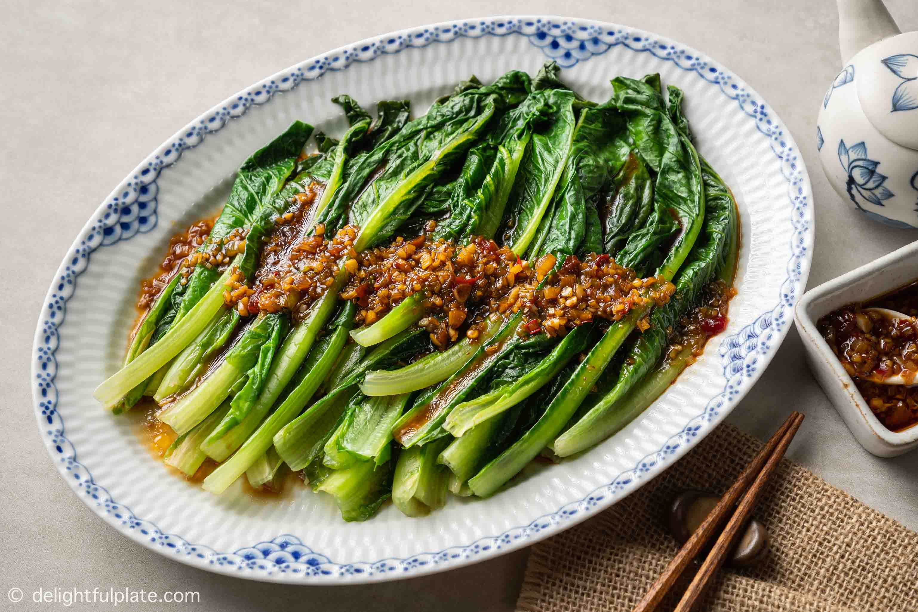 a plate of Chinese-style lettuce with oyster sauce