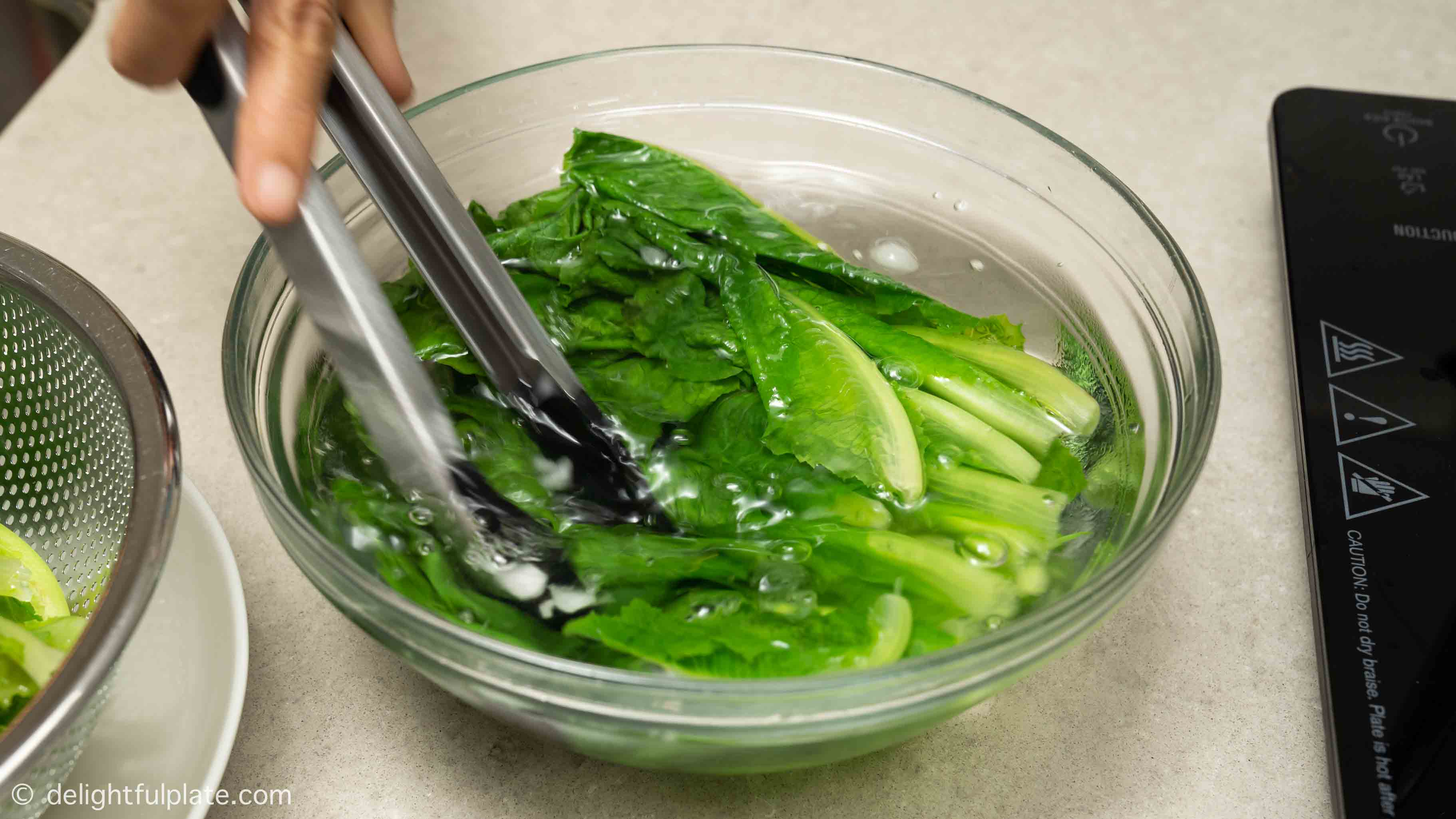 Placing romaine in a bowl of iced water