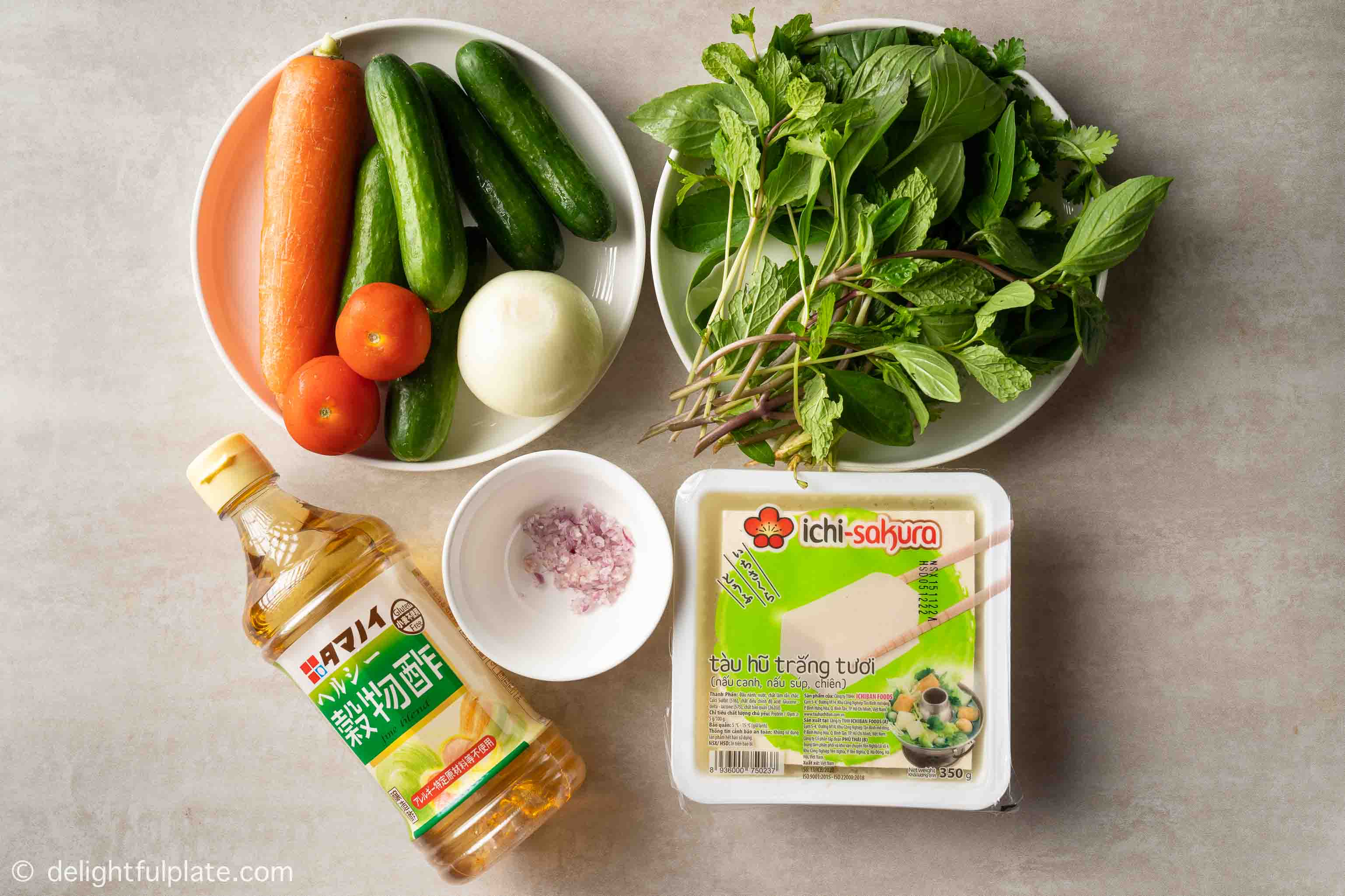 plates with ingredients for this tofu salad recipe