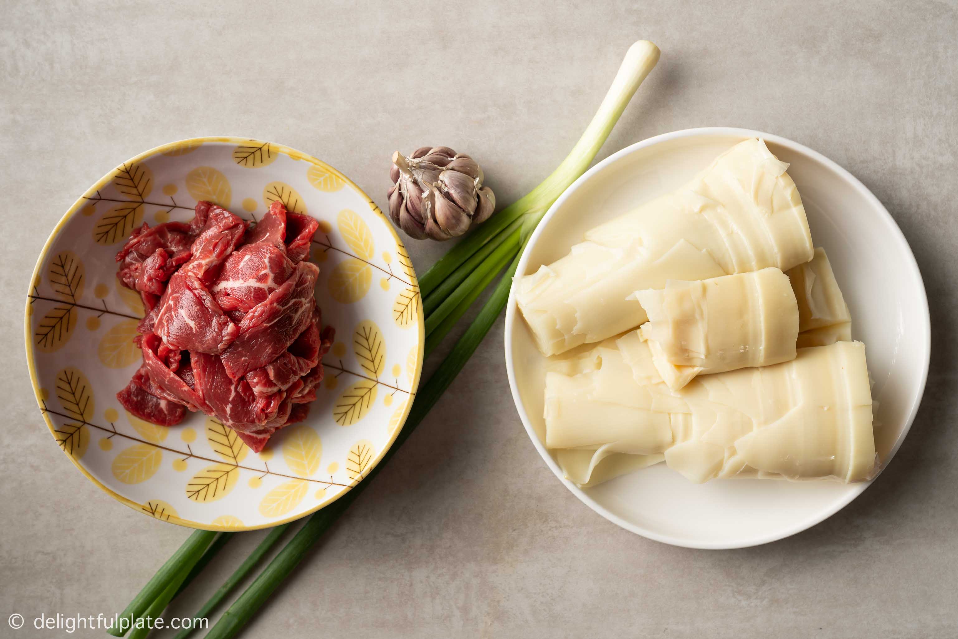 plates containing beef and bamboo shoots