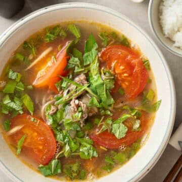 a bowl of Vietnamese tomato beef soup with coriander.