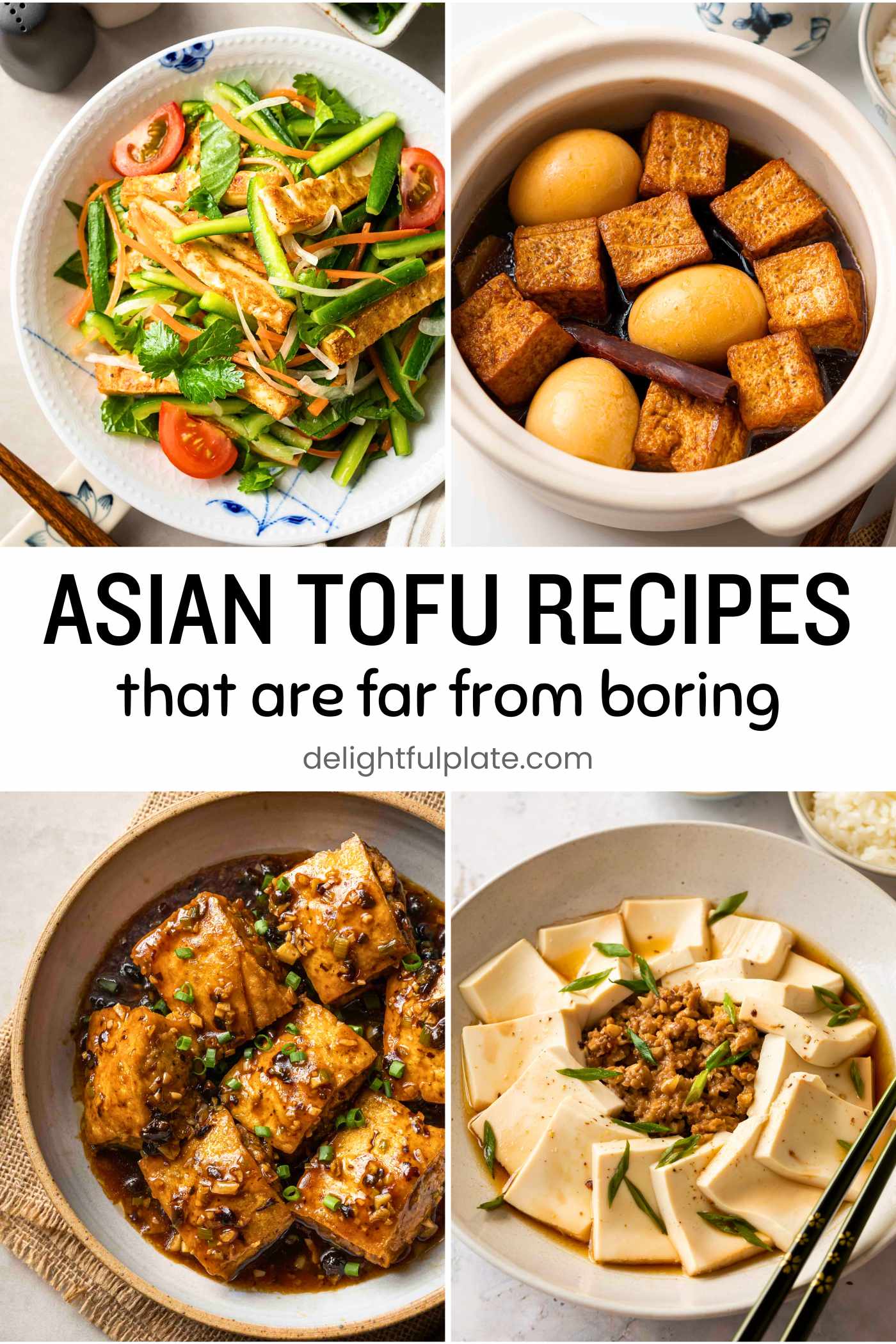 a collage of Asian tofu dishes.