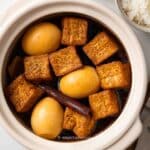 a pot of Asian braised tofu and eggs with soy sauce.