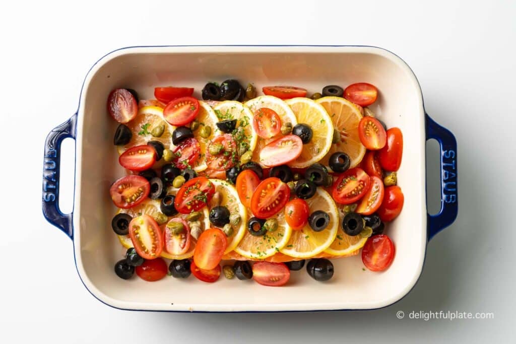 Baked Salmon with Cherry Tomatoes and Olives - Delightful Plate