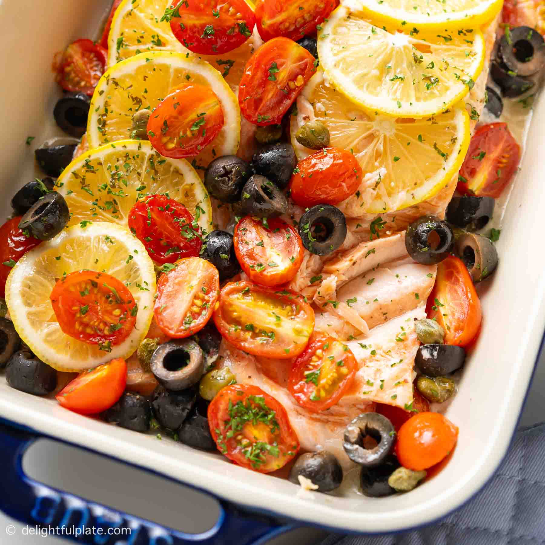 Baked Salmon with Cherry Tomatoes and Olives