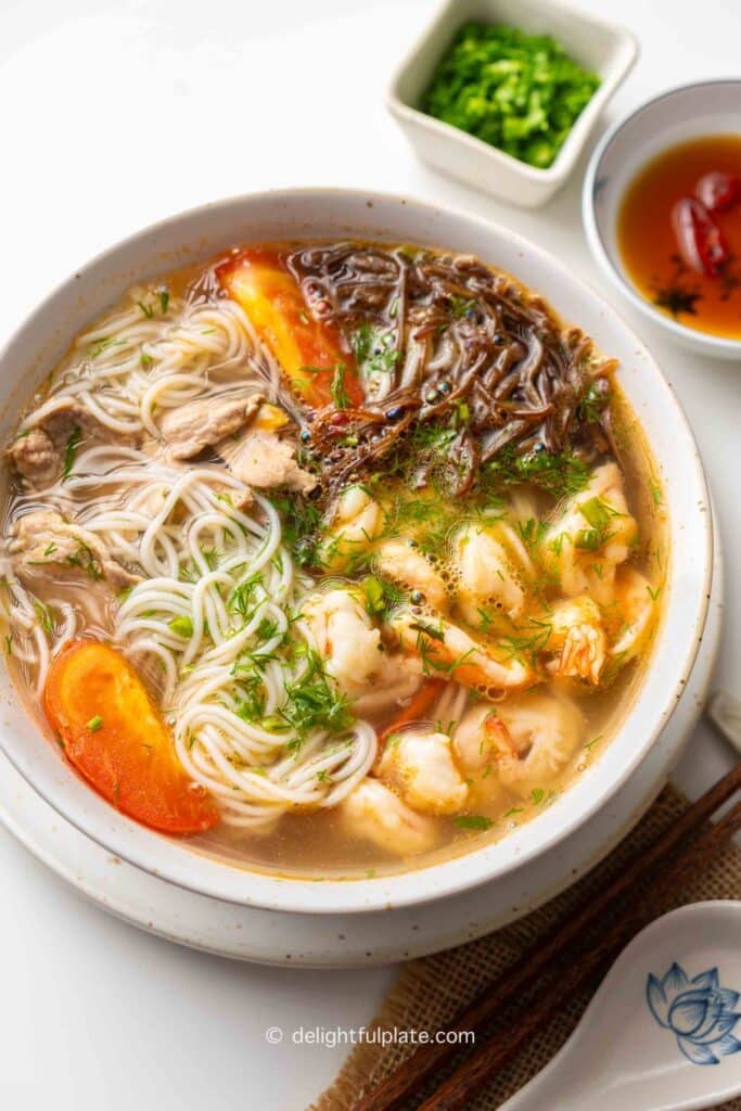 a bowl of Vietnamese Vermicelli Shrimp Noodle Soup (Bun Tom).