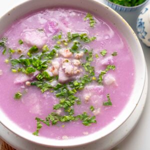 a bowl of canh khoai mỡ (Vietnamese purple yam soup)