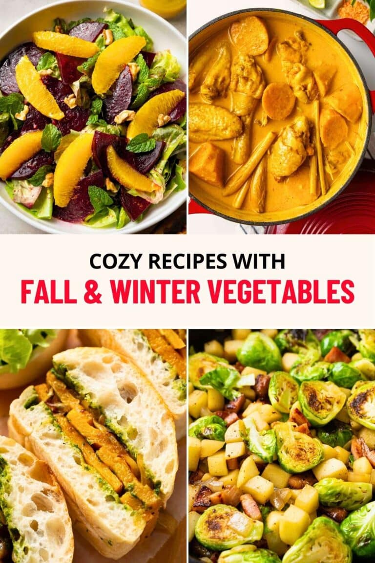 a collage of fall and winter vegetable recipes from Asian and Western cuisines.