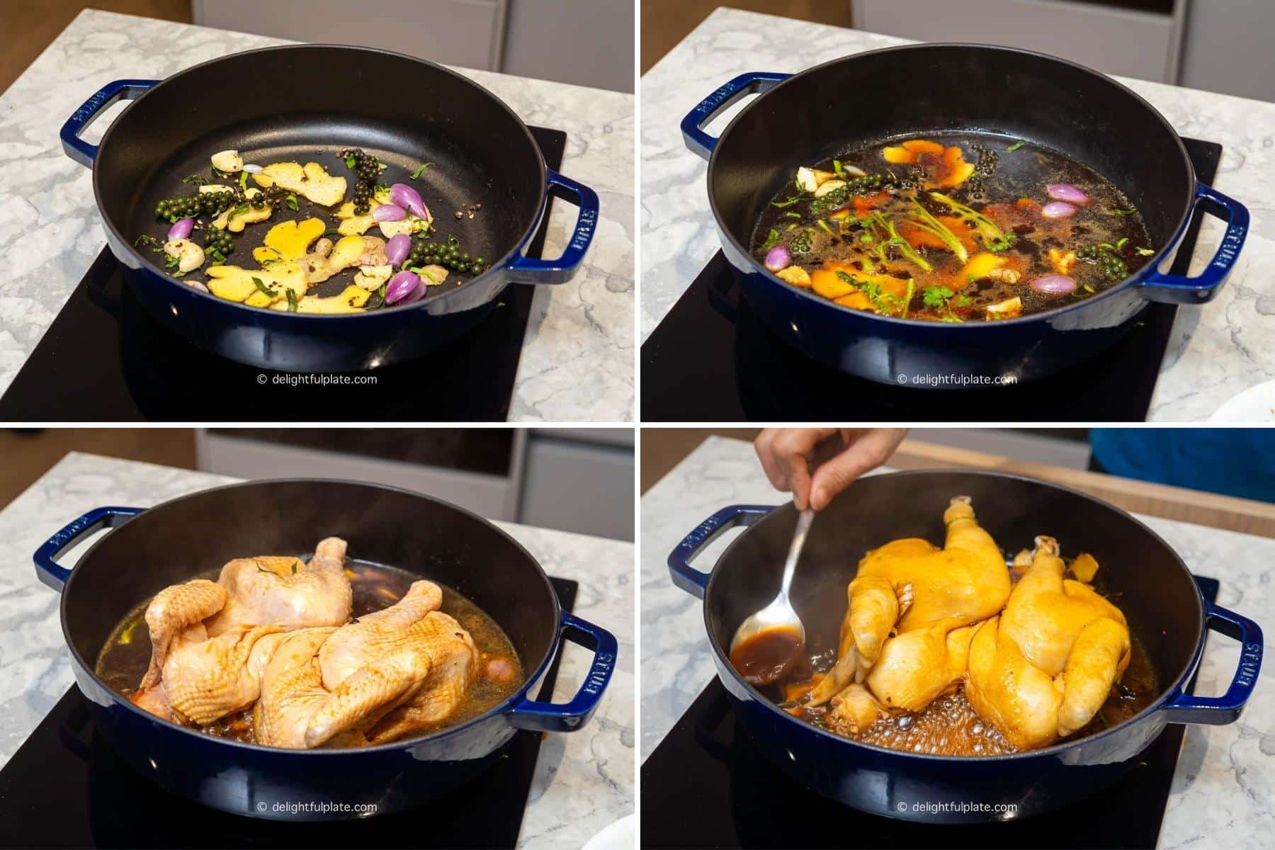 a collage of steps to cook the chicken in a deep pan.