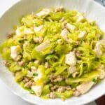 a plate of stir-fried bitter melon with tofu and ground pork.