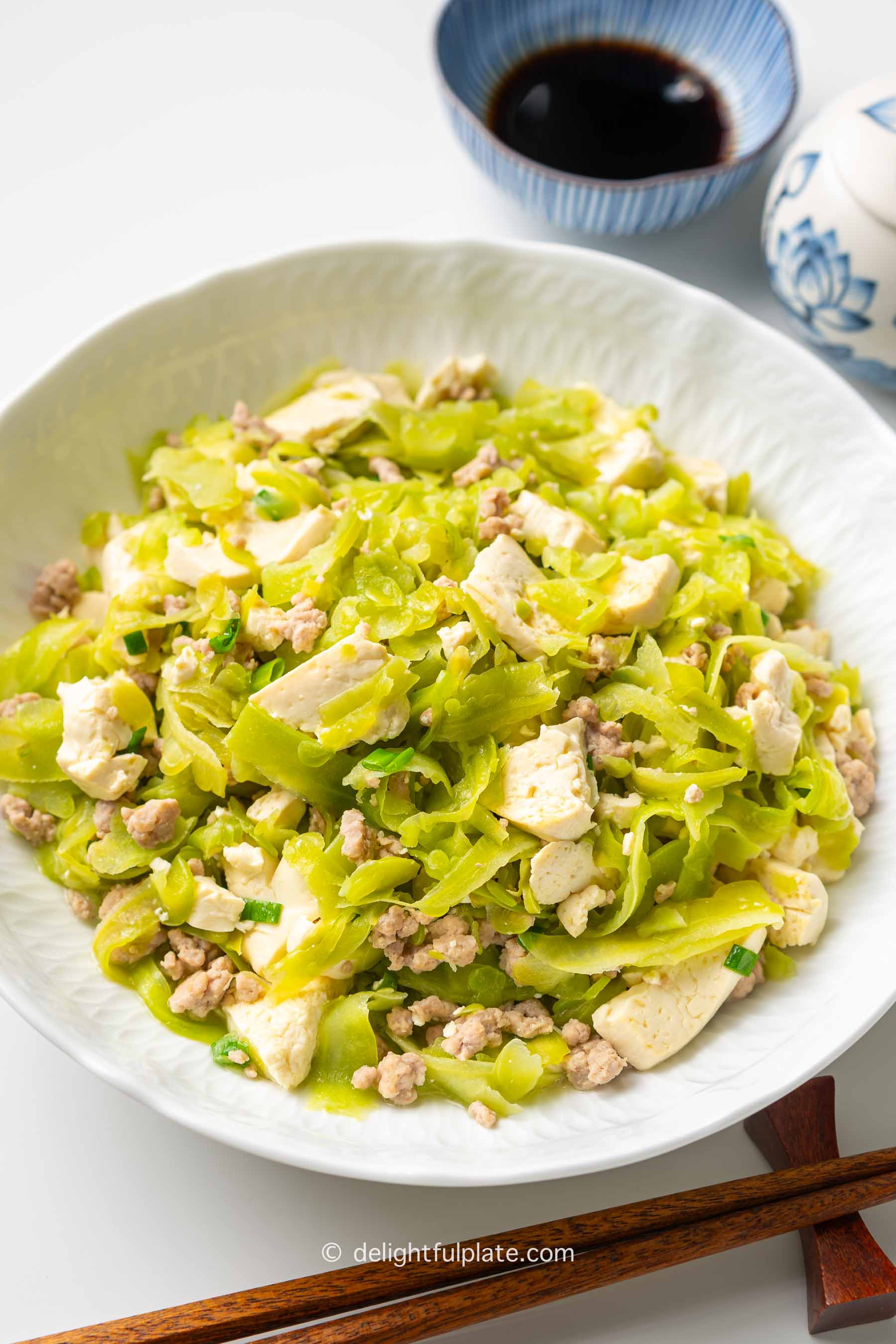 a plate of bitter melon stir-fry with tofu and pork.