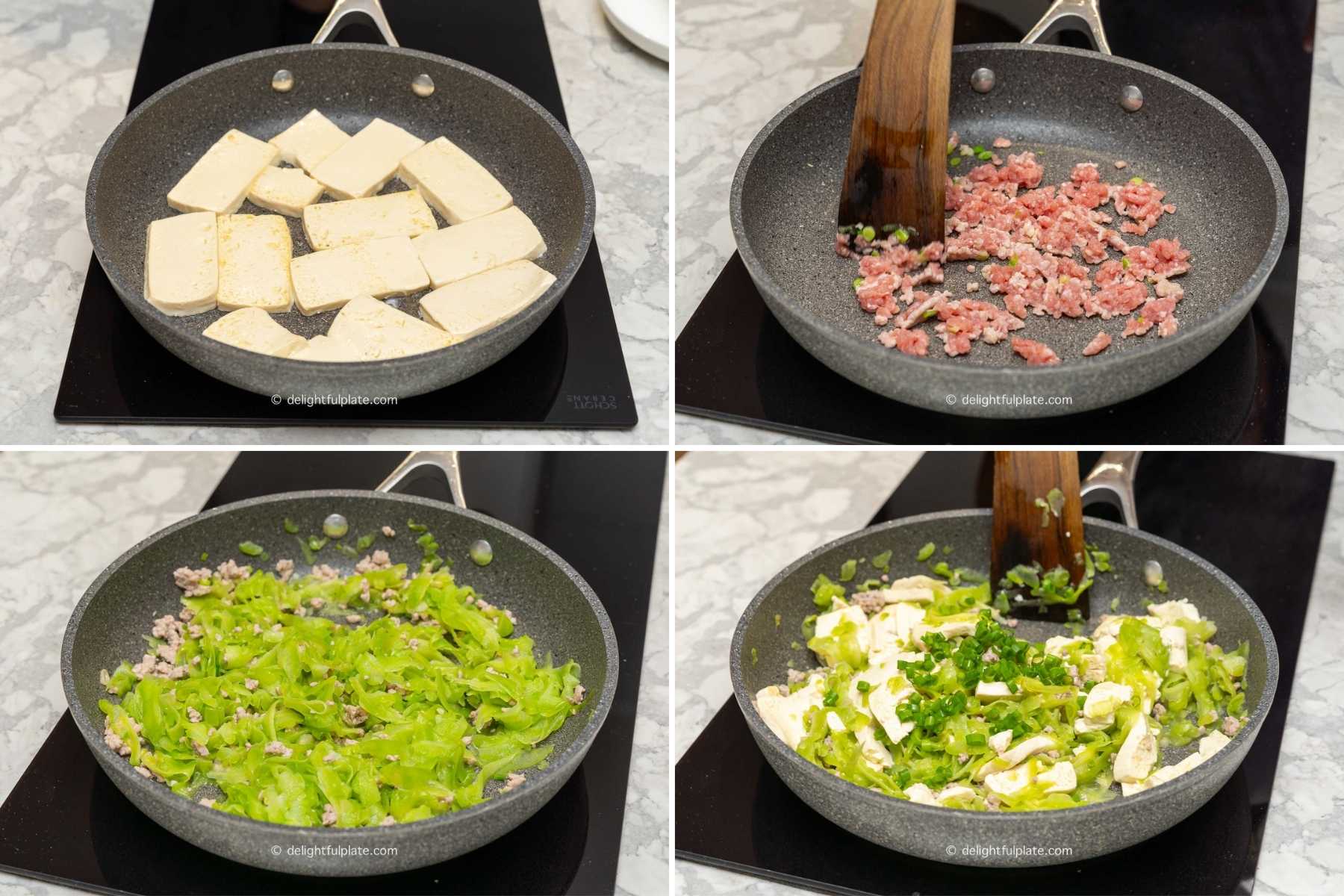 a collage of steps to stir-fry bitter melon with tofu and ground pork.